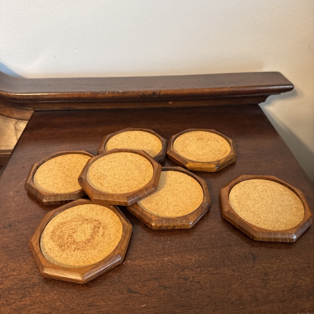 7 - SERE Hard Wood Hexagon Coasters Cork & Holder Vintage MCM 3.75"